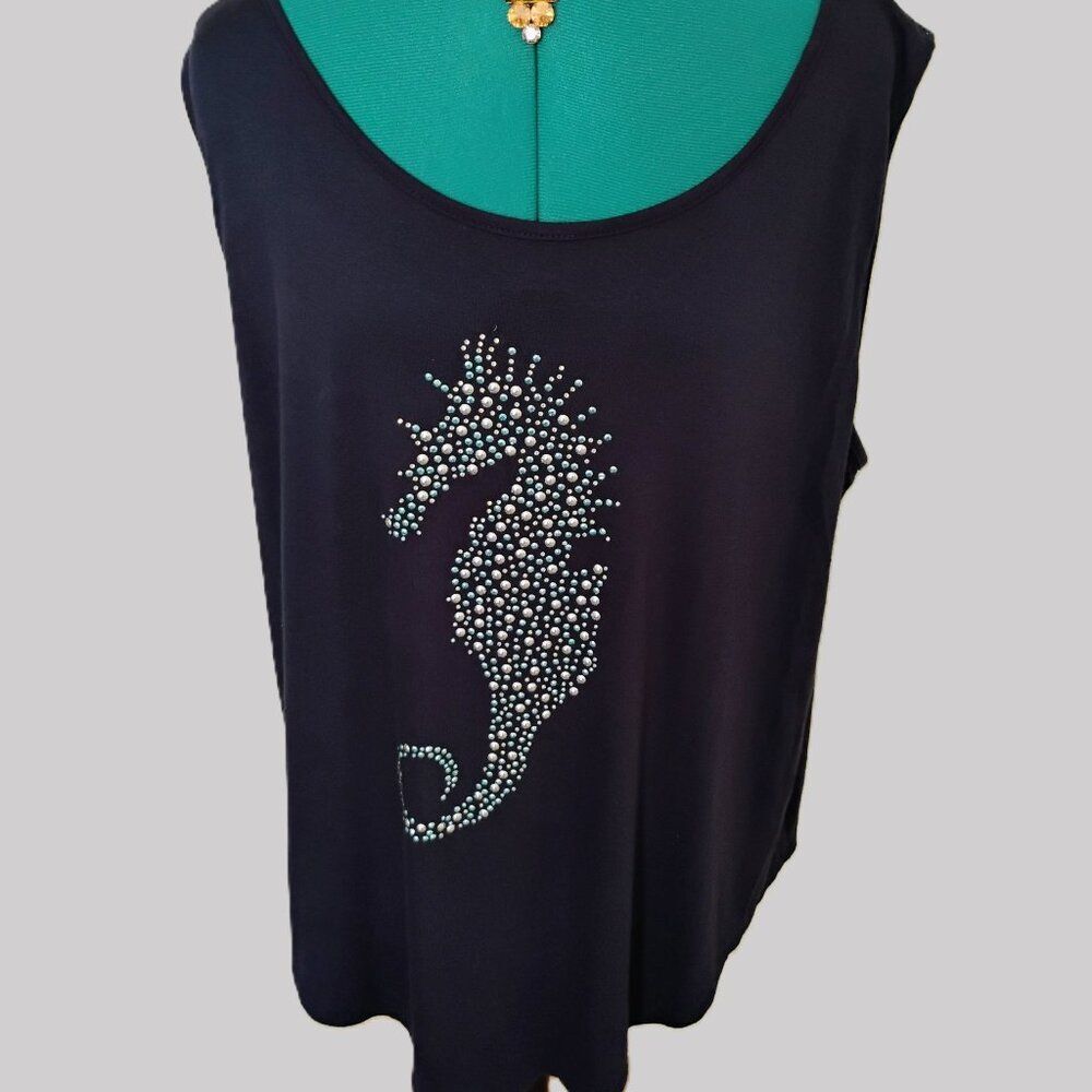 SJS Navy Blue Seahorse beaded Tank Top Size 2X